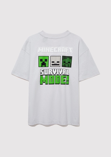  Mavi Minecraft Baskılı Gri Tişört Oversize / Geniş Kesim 6610344-80618