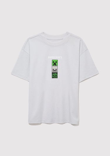  Mavi Minecraft Baskılı Gri Tişört Oversize / Geniş Kesim 6610344-80618