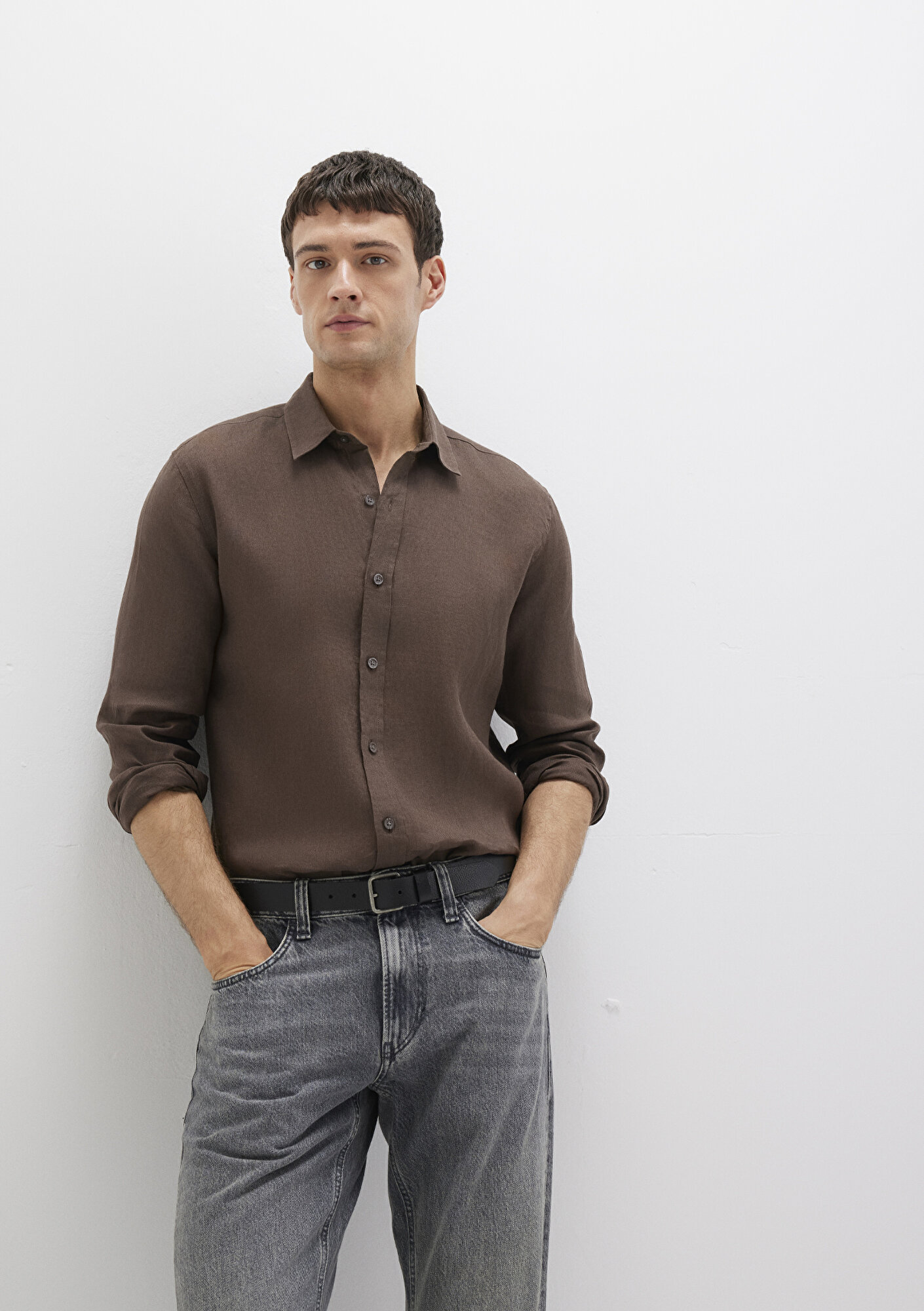  Mavi Kahverengi Keten Gömlek Slim Fit / Dar Kesim 0211466-87537