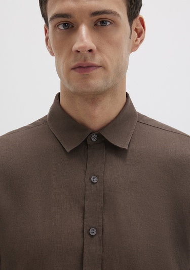  Mavi Kahverengi Keten Gömlek Slim Fit / Dar Kesim 0211466-87537