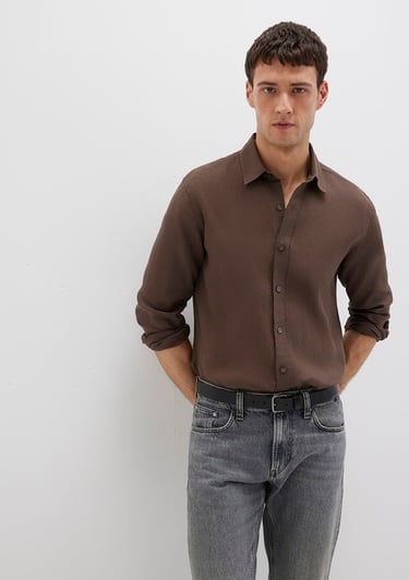  Mavi Kahverengi Keten Gömlek Slim Fit / Dar Kesim 0211466-87537