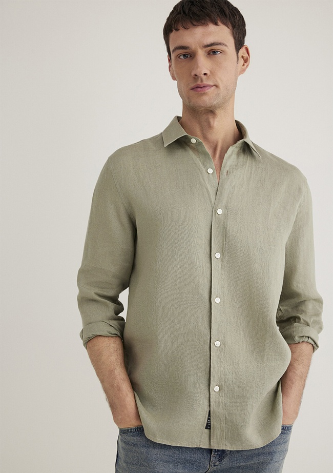  Mavi Yeşil Keten Gömlek Slim Fit / Dar Kesim 0211466-71481