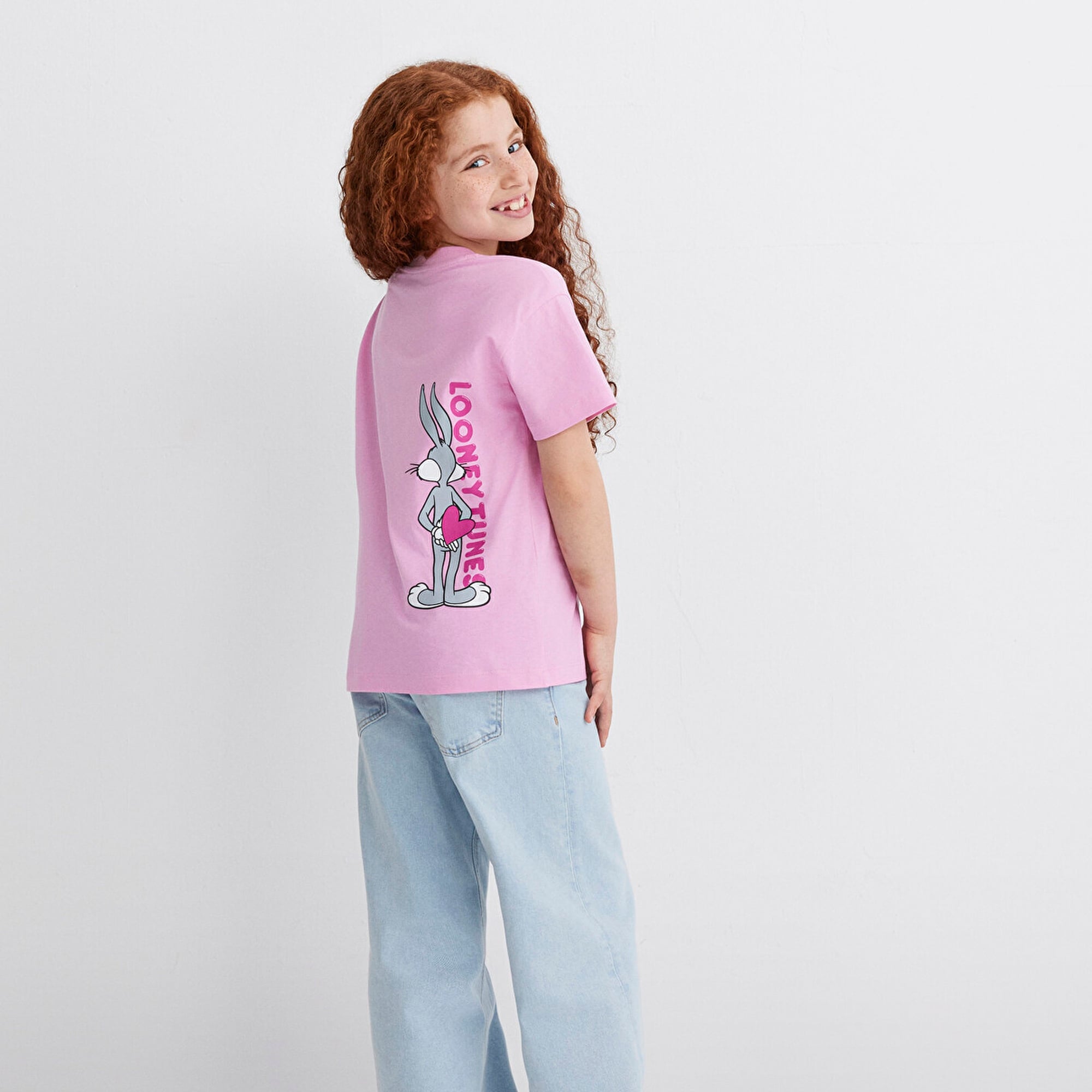 Mavi Bugs Bunny Baskılı Pembe Tişört Loose Fit / Bol Rahat Kesim 7610303-71038