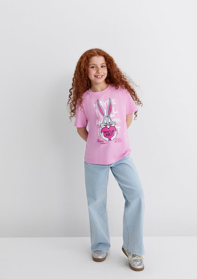  Mavi Bugs Bunny Baskılı Pembe Tişört Loose Fit / Bol Rahat Kesim 7610303-71038