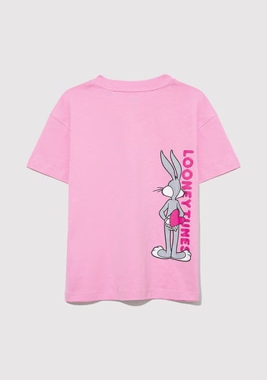 Mavi Bugs Bunny Baskılı Pembe Tişört Loose Fit / Bol Rahat Kesim 7610303-71038