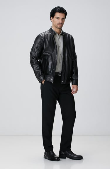  Network Erkek Siyah Çift Taraflı Deri Mont