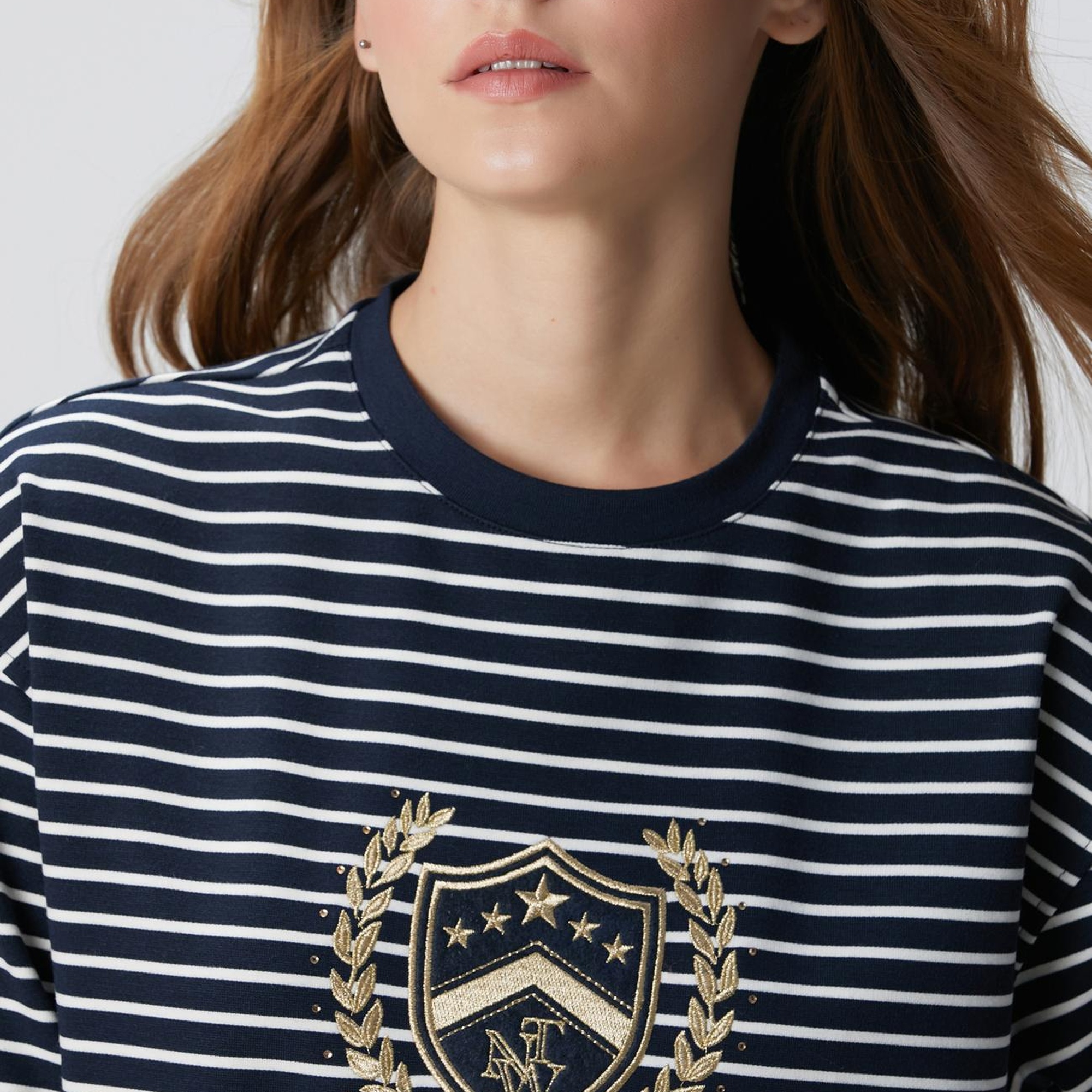 Network Kadın Lacivert Beyaz Dokuma Garnili Sweatshirt