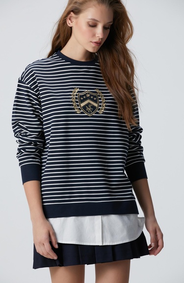  Network Kadın Lacivert Beyaz Dokuma Garnili Sweatshirt