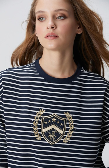  Network Kadın Lacivert Beyaz Dokuma Garnili Sweatshirt