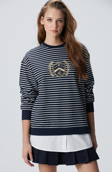  Network Kadın Lacivert Beyaz Dokuma Garnili Sweatshirt