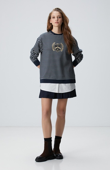  Network Kadın Lacivert Beyaz Dokuma Garnili Sweatshirt