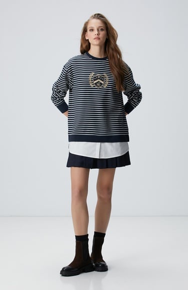  Network Kadın Lacivert Beyaz Dokuma Garnili Sweatshirt