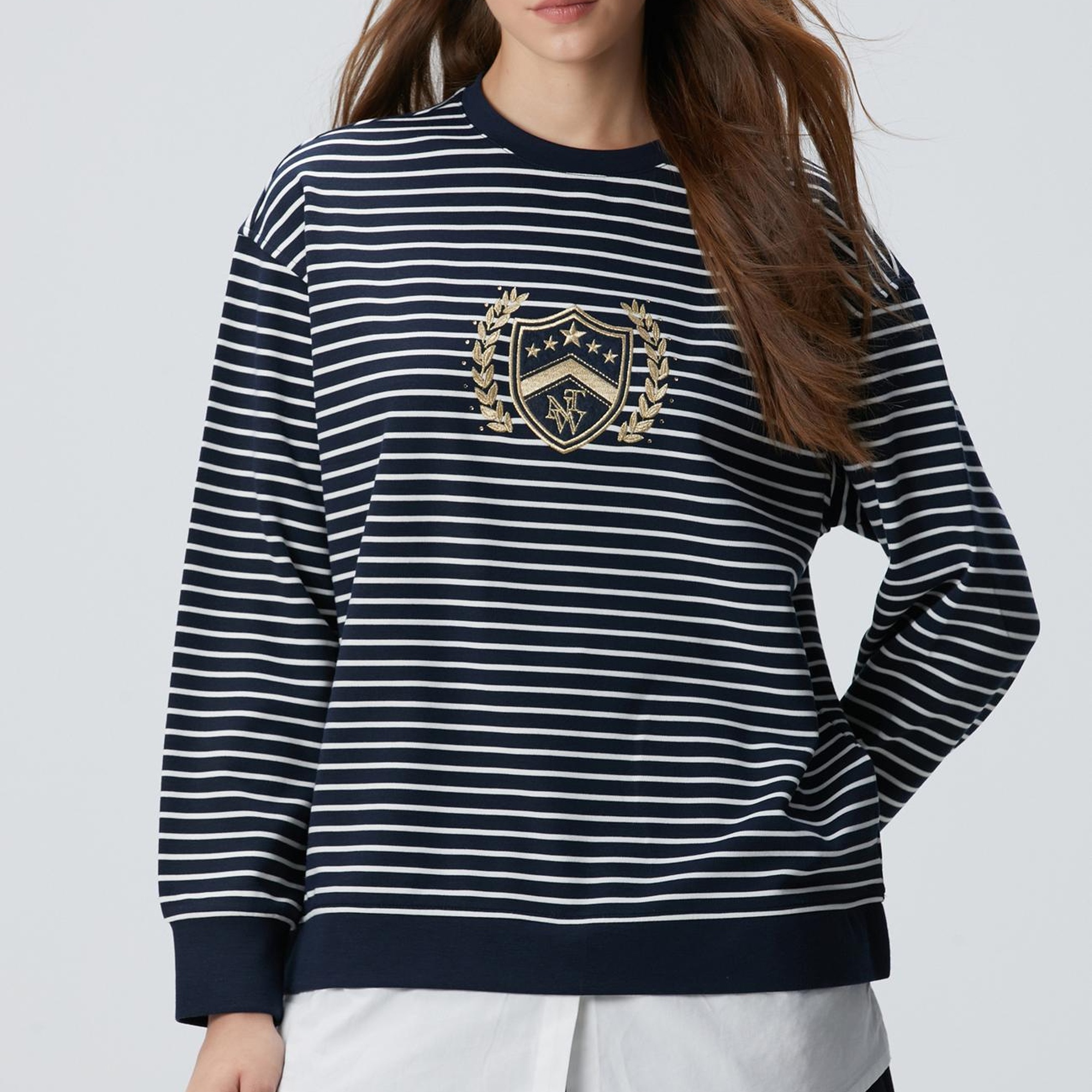 Network Kadın Lacivert Beyaz Dokuma Garnili Sweatshirt