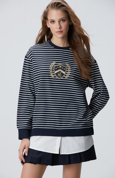  Network Kadın Lacivert Beyaz Dokuma Garnili Sweatshirt