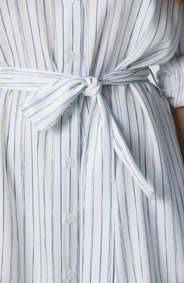  Network Kadın Kırık Beyaz Kuşak Bağlamalı Çizgili Midi Gömlek Elbise