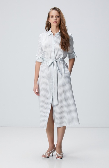  Network Kadın Kırık Beyaz Kuşak Bağlamalı Çizgili Midi Gömlek Elbise