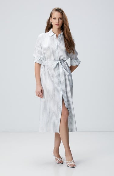  Network Kadın Kırık Beyaz Kuşak Bağlamalı Çizgili Midi Gömlek Elbise