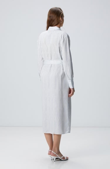  Network Kadın Kırık Beyaz Kuşak Bağlamalı Çizgili Midi Gömlek Elbise