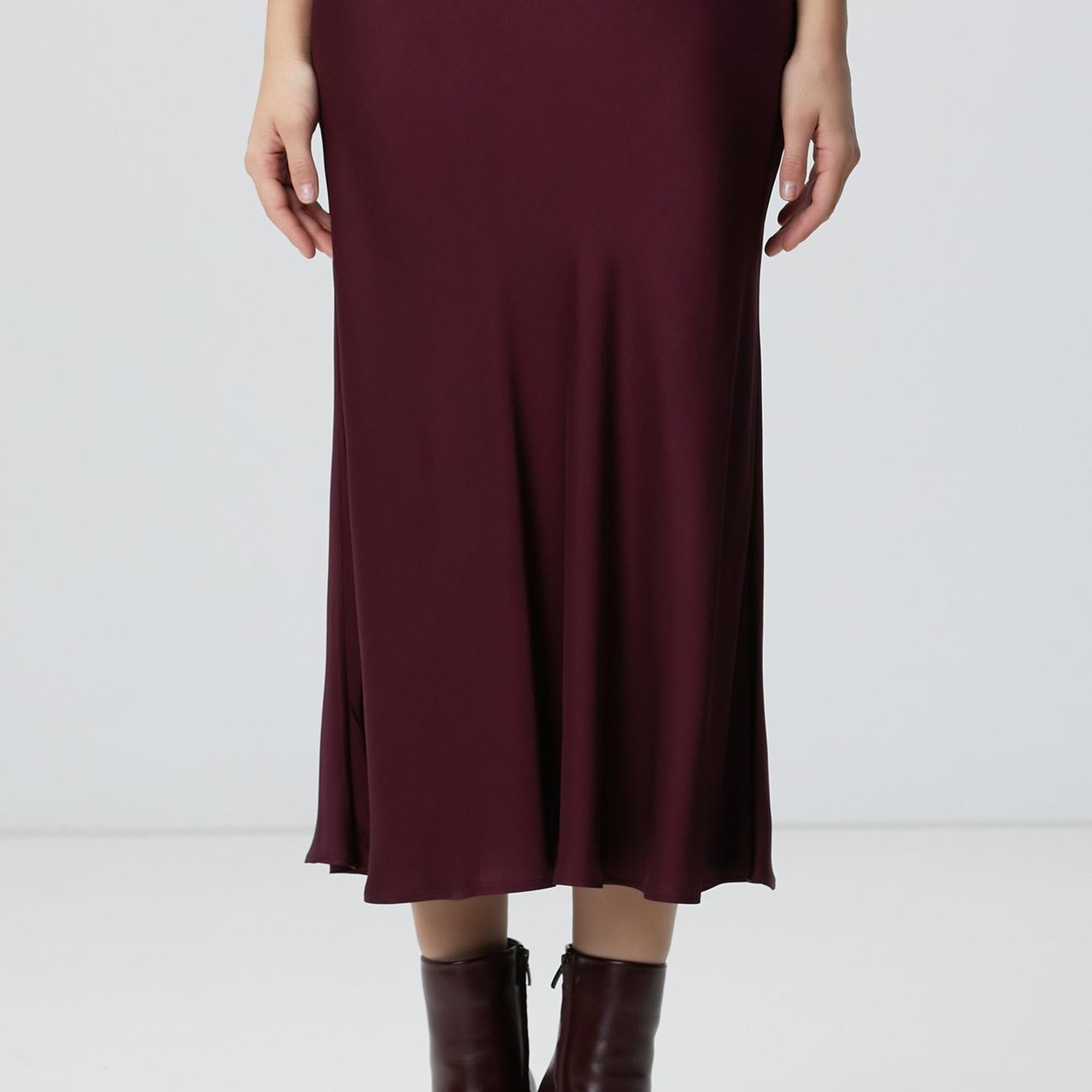 Network Kadın Bordo Midi Saten Etek