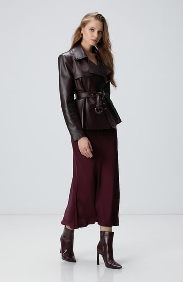  Network Kadın Bordo Midi Saten Etek
