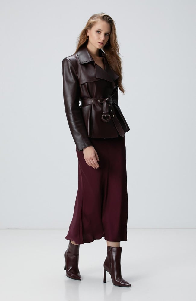  Network Kadın Bordo Midi Saten Etek