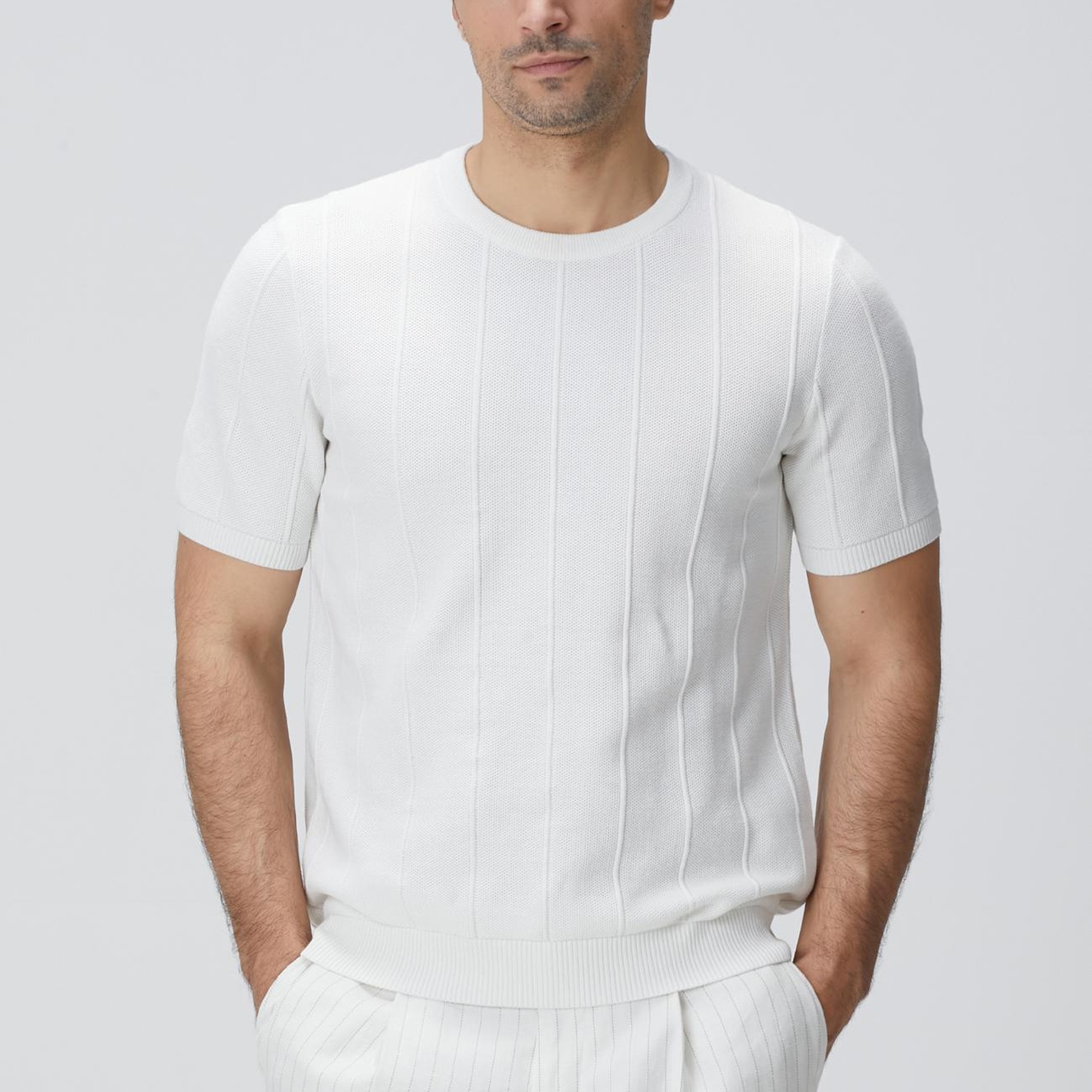 Network Erkek Beyaz Jakarlı Triko Kazak