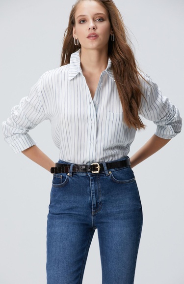  Network Kadın Kırık Beyaz Çizgi Desemli Geniş Kalıp Tencel Gömlek