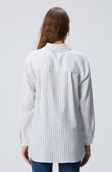  Network Kadın Kırık Beyaz Çizgi Desemli Geniş Kalıp Tencel Gömlek