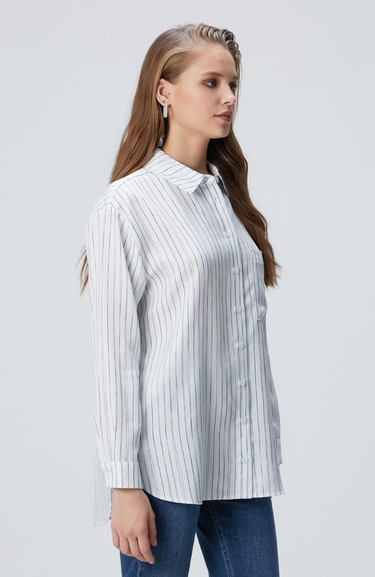  Network Kadın Kırık Beyaz Çizgi Desemli Geniş Kalıp Tencel Gömlek