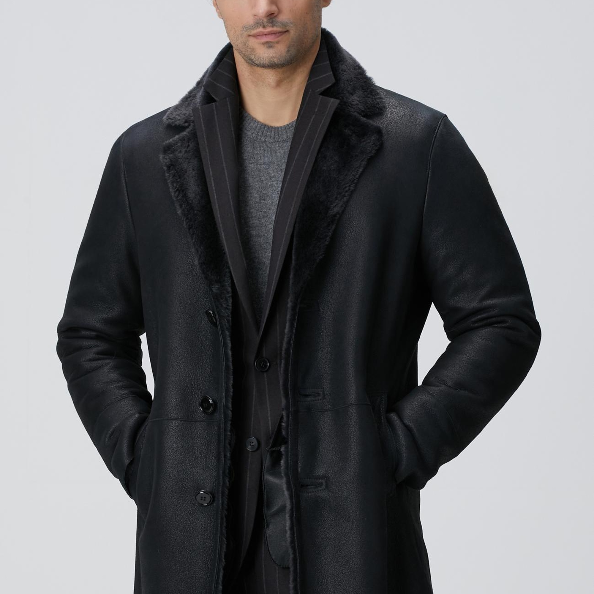 Network Erkek Siyah Limited Yakası Kürklü Deri Kaban