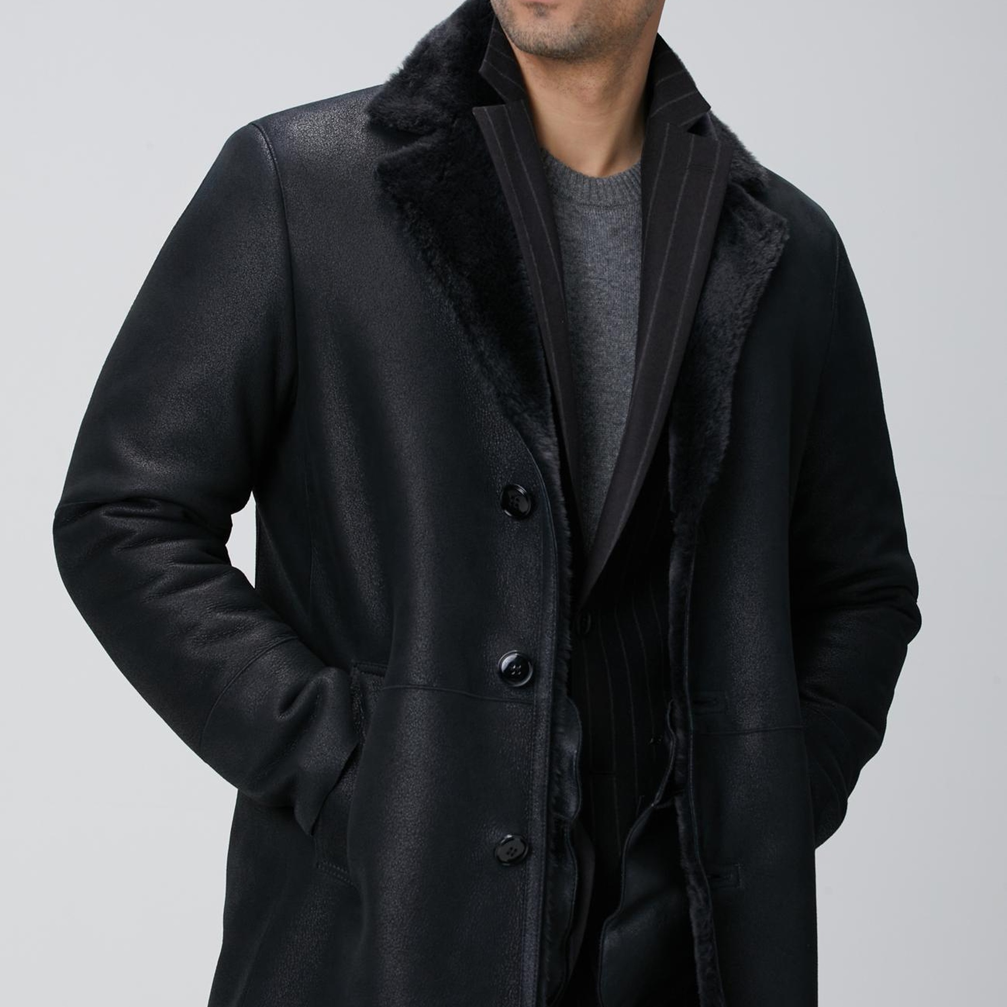 Network Erkek Siyah Limited Yakası Kürklü Deri Kaban