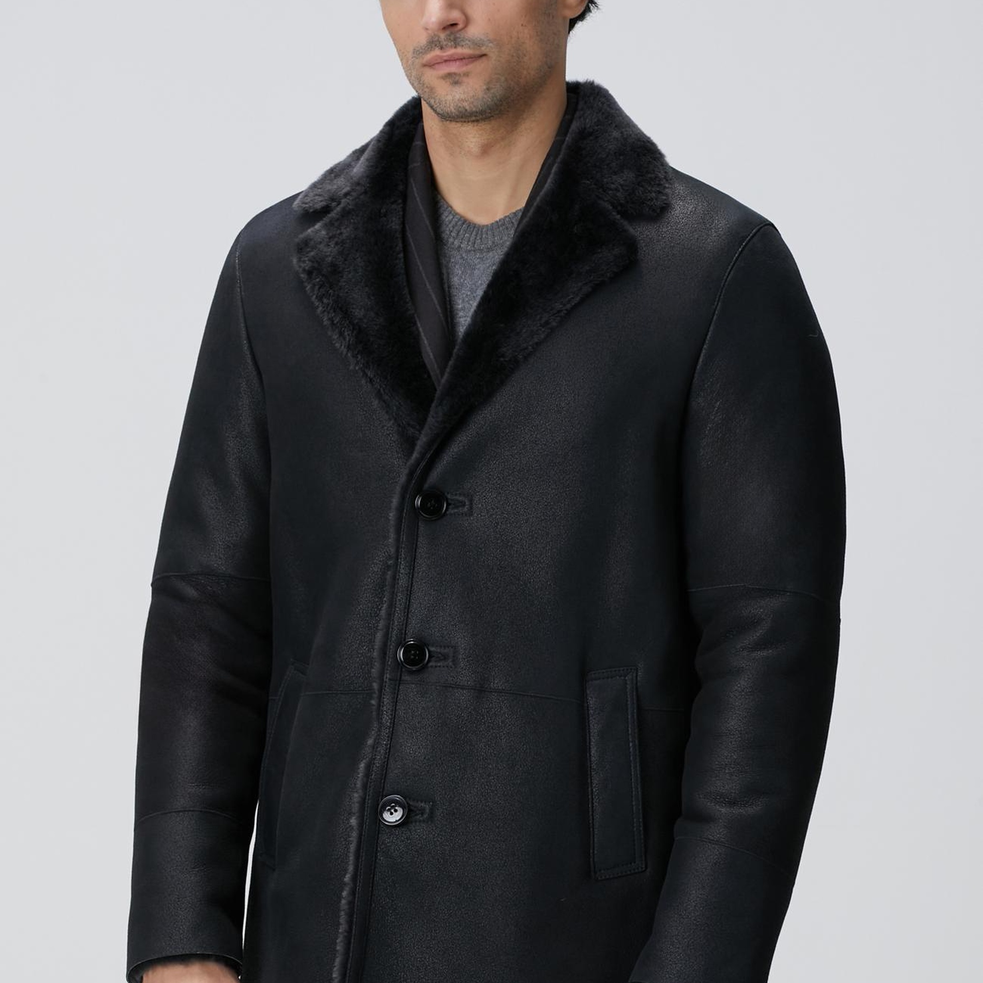 Network Erkek Siyah Limited Yakası Kürklü Deri Kaban