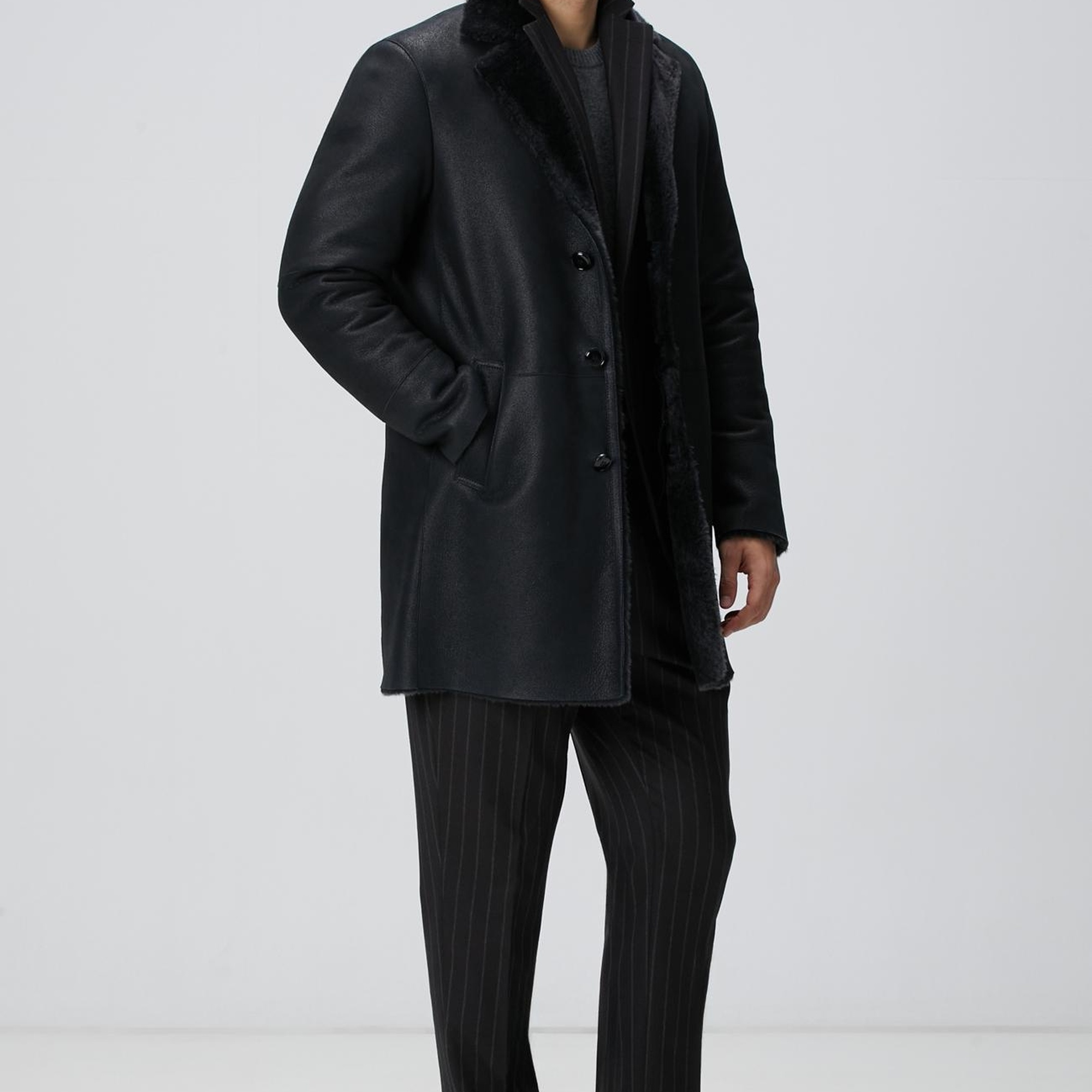 Network Erkek Siyah Limited Yakası Kürklü Deri Kaban