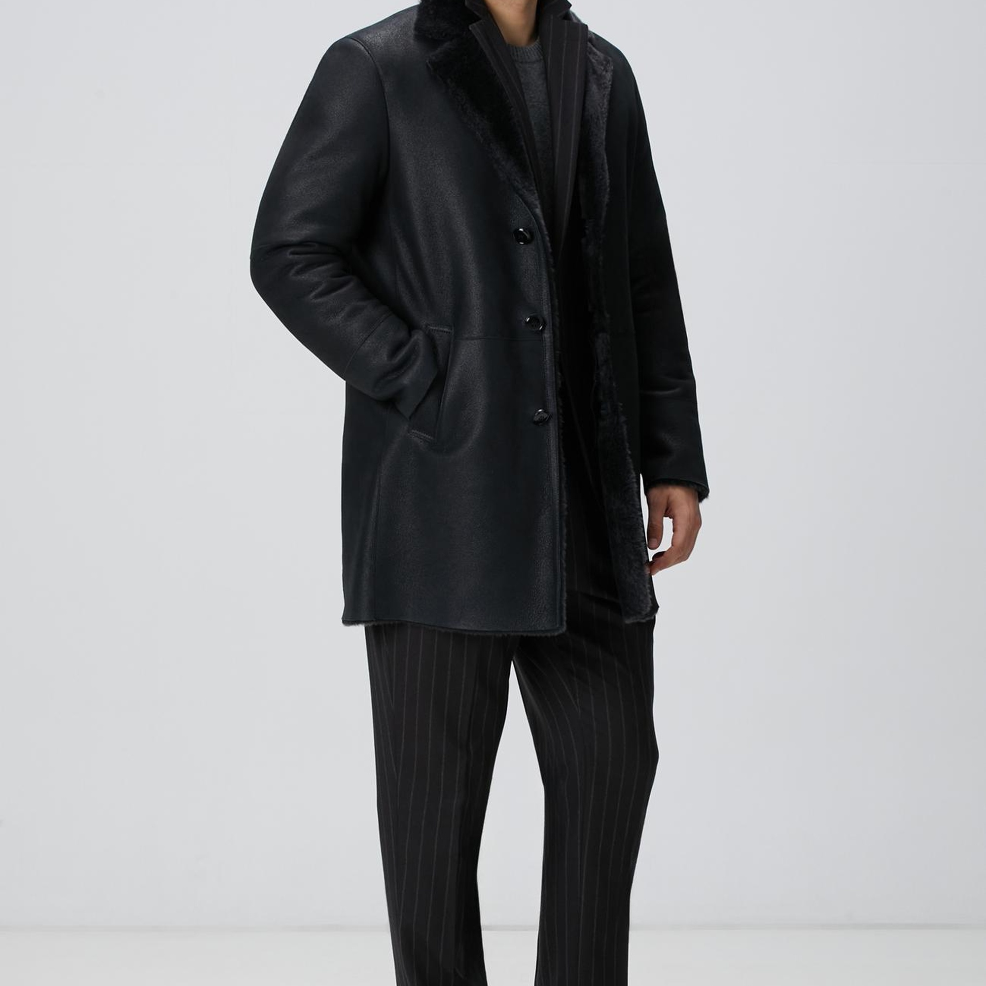 Network Erkek Siyah Limited Yakası Kürklü Deri Kaban