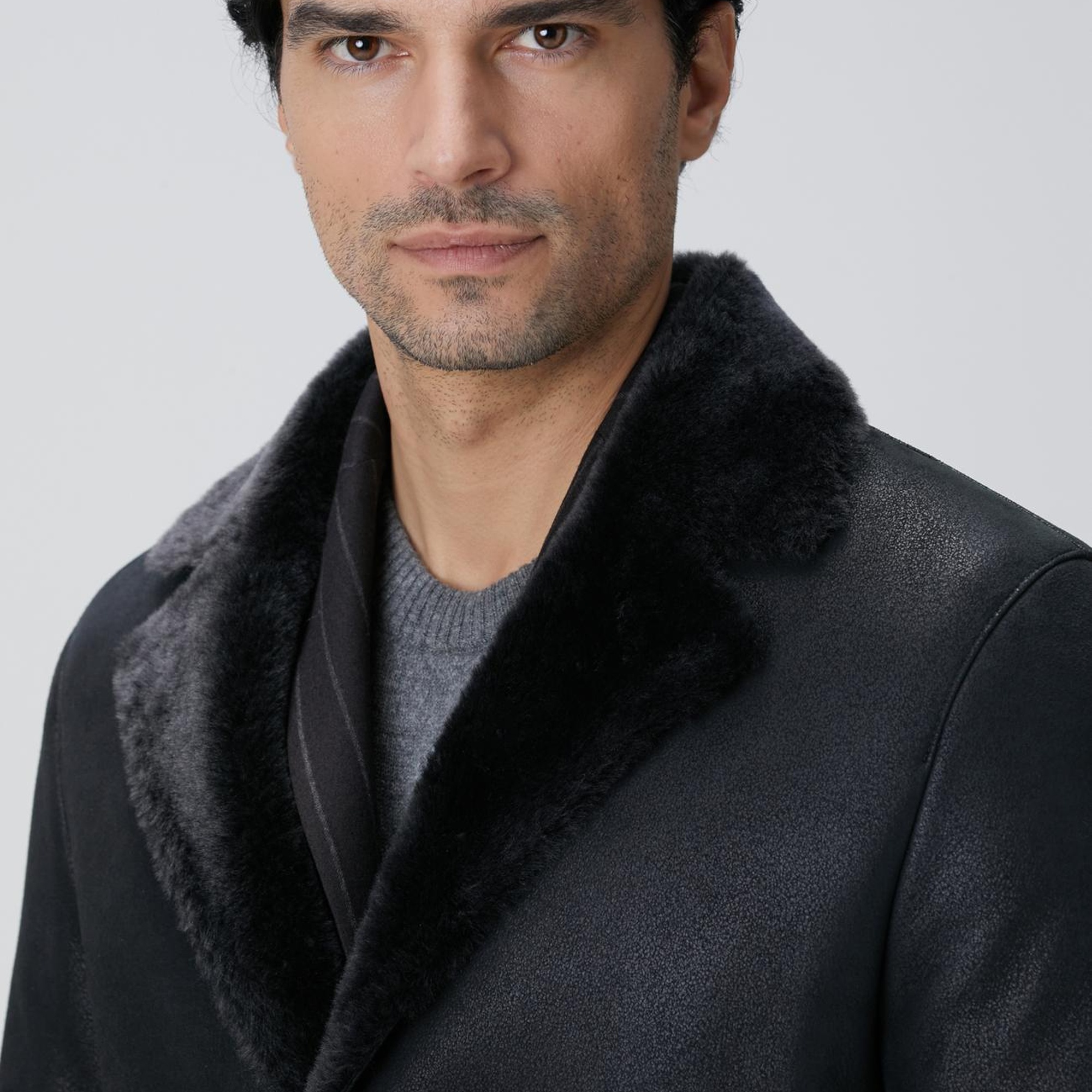 Network Erkek Siyah Limited Yakası Kürklü Deri Kaban