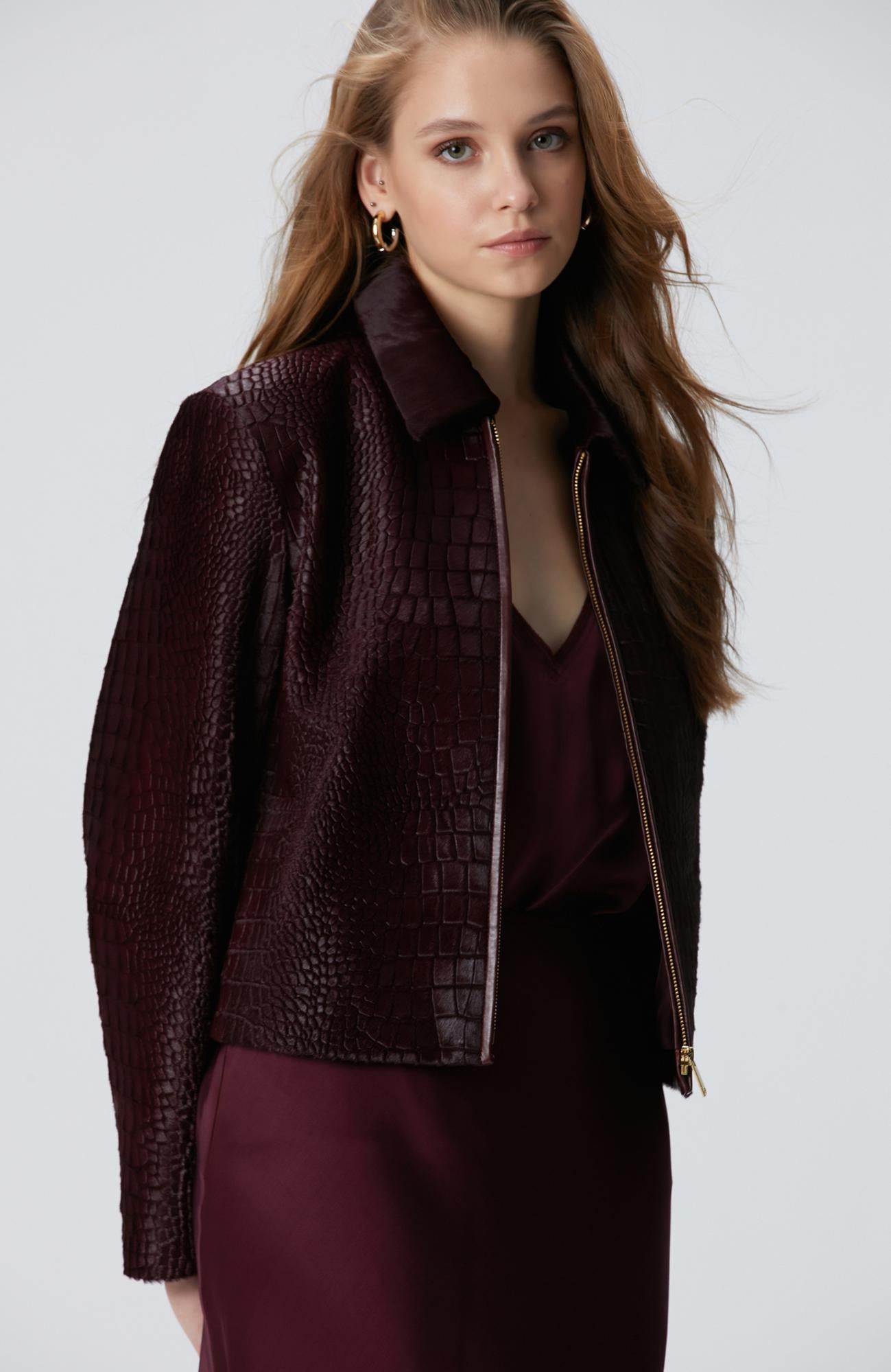  Network Kadın Vişne Limited Kroko Desenli Deri Mont