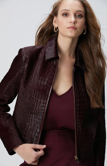  Network Kadın Vişne Limited Kroko Desenli Deri Mont