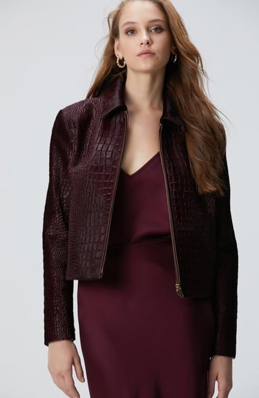  Network Kadın Vişne Limited Kroko Desenli Deri Mont