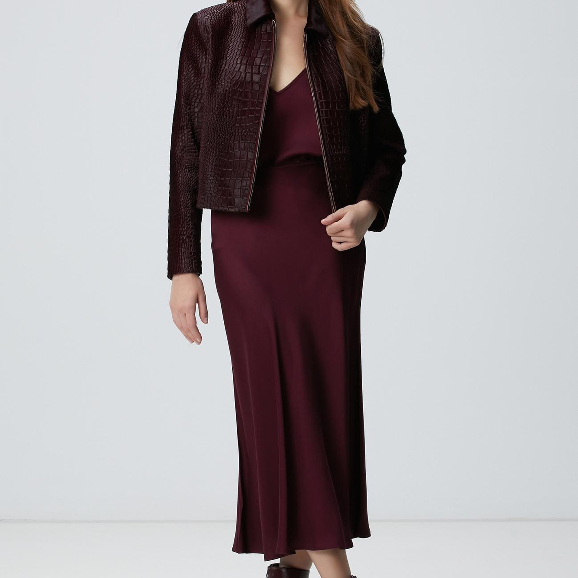 Network Kadın Vişne Limited Kroko Desenli Deri Mont