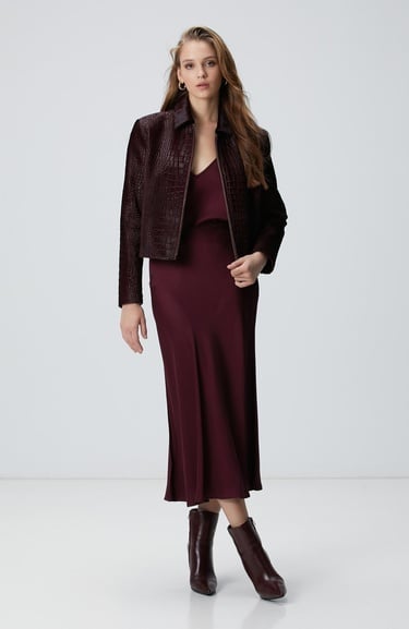  Network Kadın Vişne Limited Kroko Desenli Deri Mont