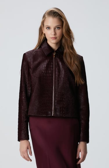  Network Kadın Vişne Limited Kroko Desenli Deri Mont