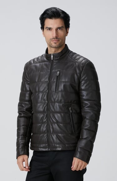  Network Erkek Kahverengi Dik Yaka Deri Mont