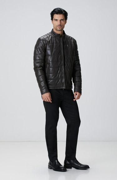  Network Erkek Kahverengi Dik Yaka Deri Mont