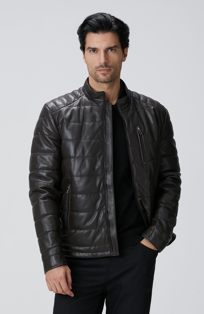  Network Erkek Kahverengi Dik Yaka Deri Mont