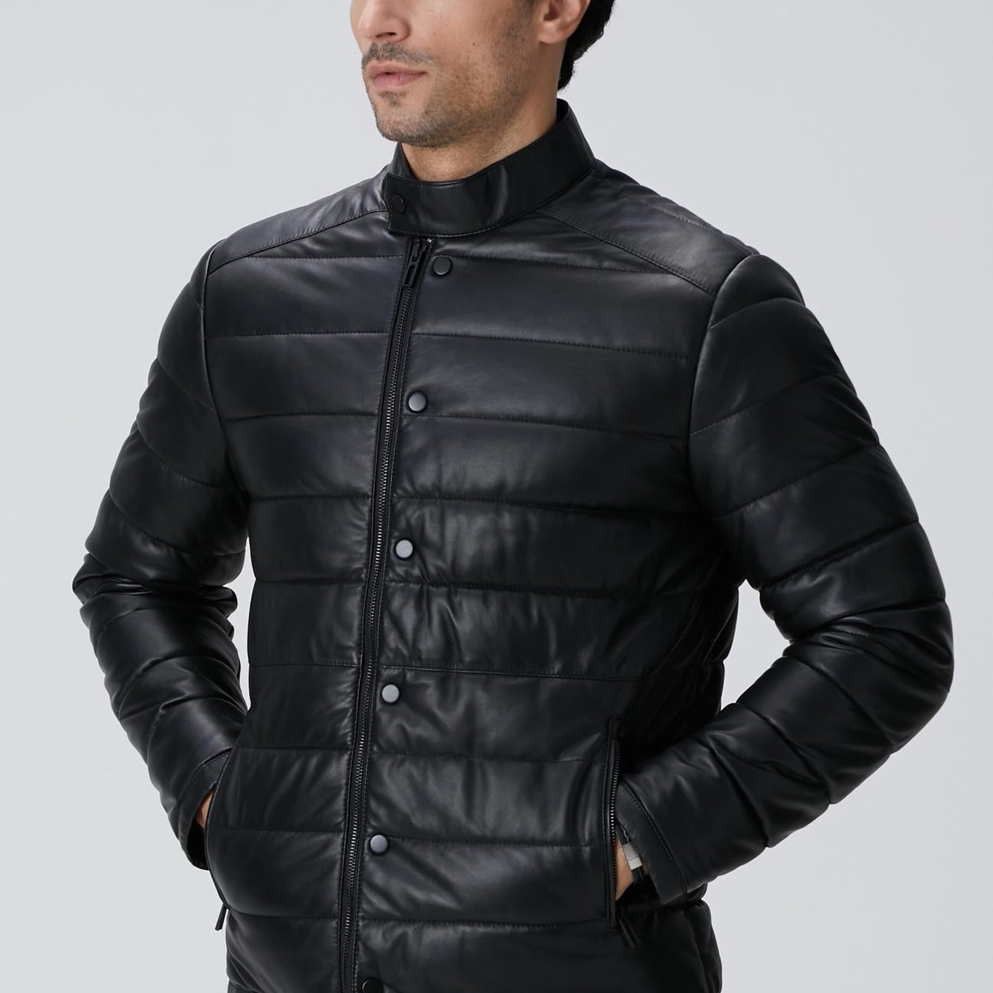 Network Erkek Siyah Kapitoneli Deri Mont