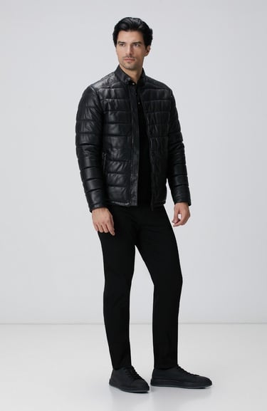  Network Erkek Siyah Kapitoneli Deri Mont