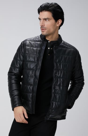  Network Erkek Siyah Kapitoneli Deri Mont