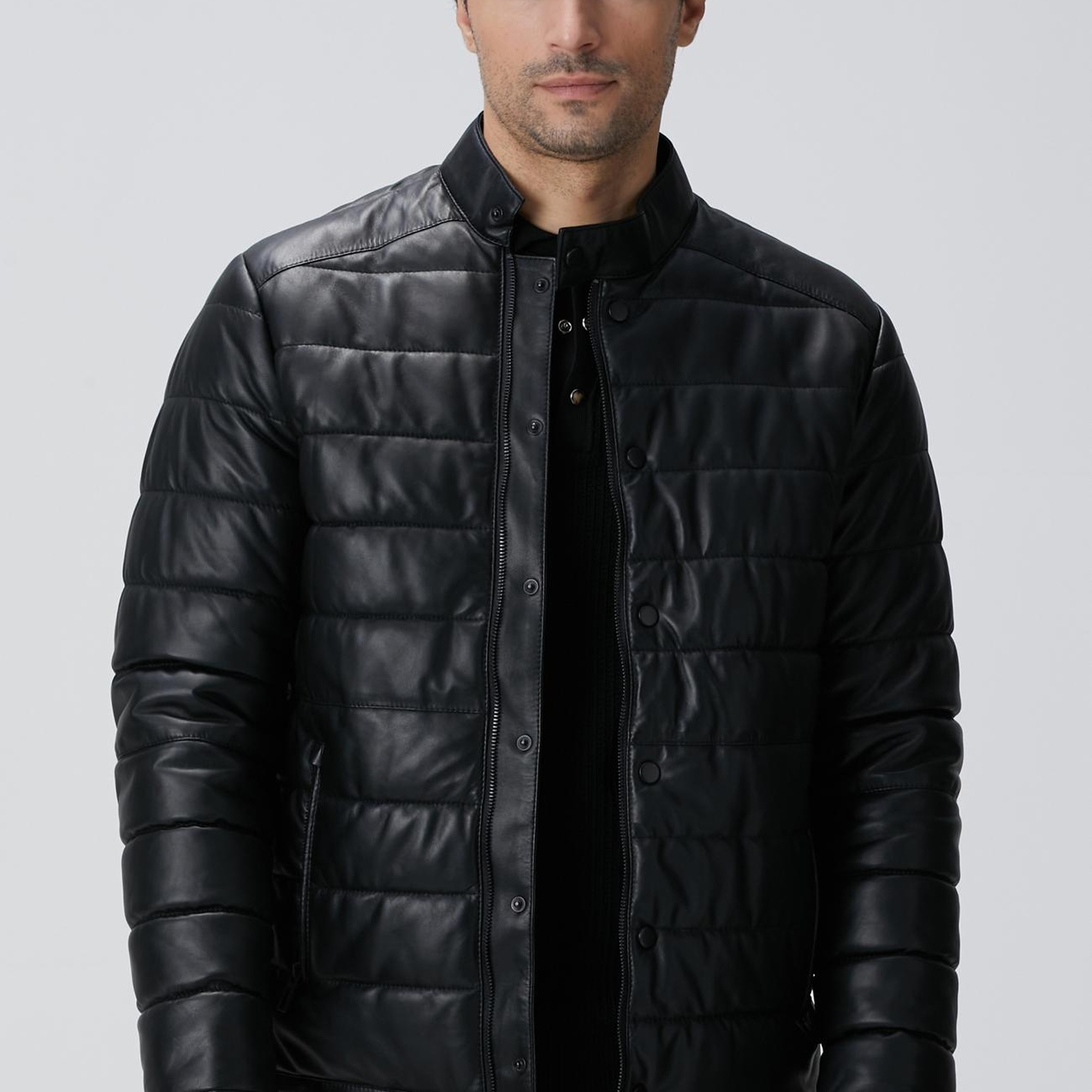 Network Erkek Siyah Kapitoneli Deri Mont