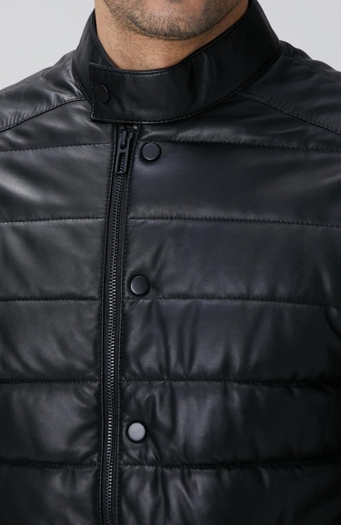  Network Erkek Siyah Kapitoneli Deri Mont