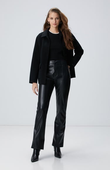  Network Kadın Siyah Kesik Detaylı Deri Pantolon